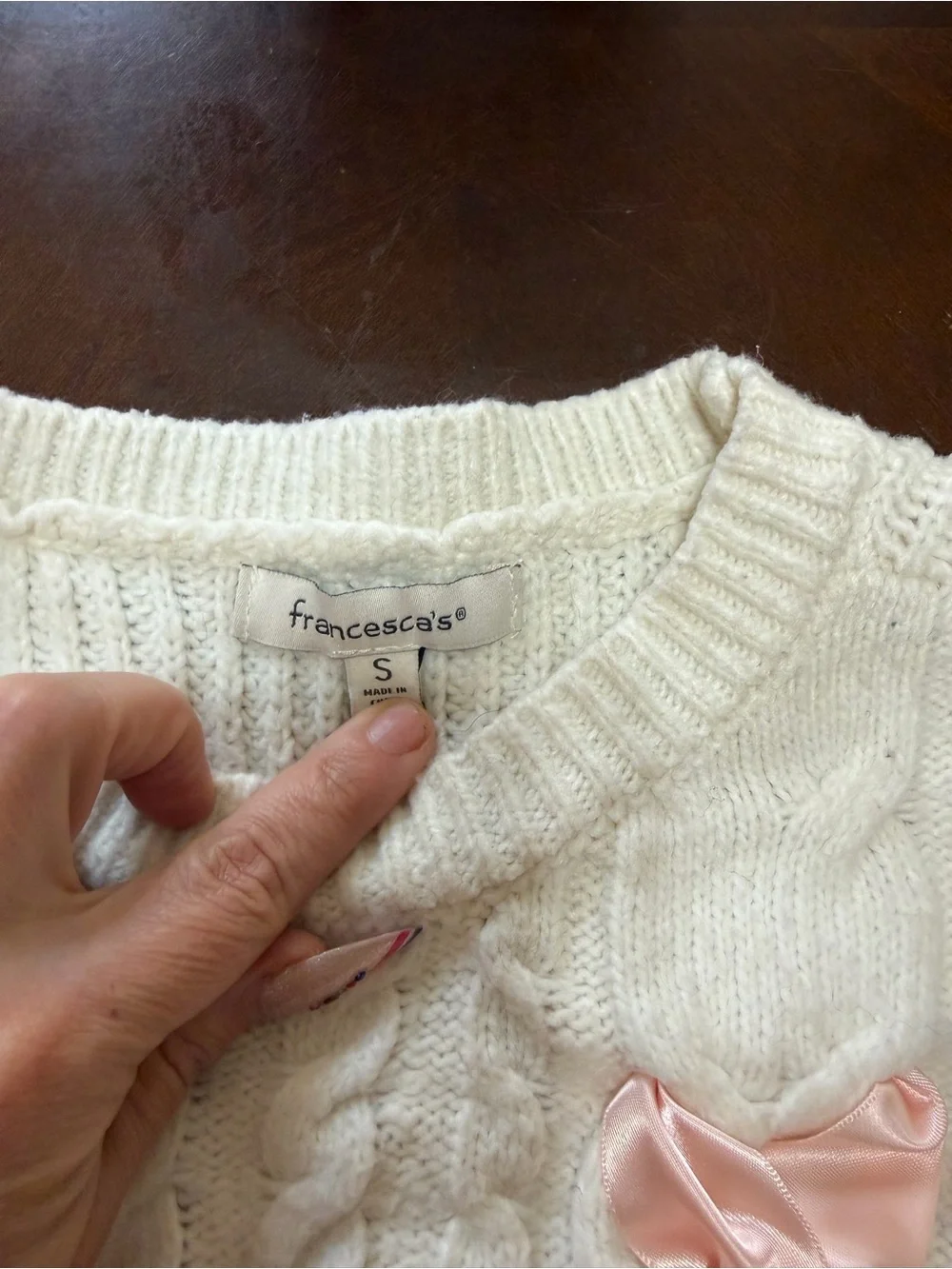 Francesca's Collections Cream Cable Knit Sweater with Pink Satin Ribbon Trim